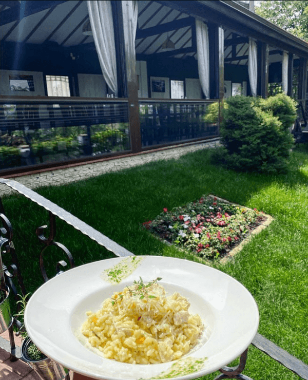Plated risotto with the garden terrace in the background
